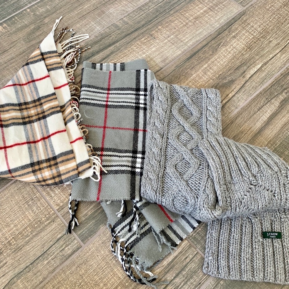 Cable Knit J Crew Scarf and plaid scarf bundle